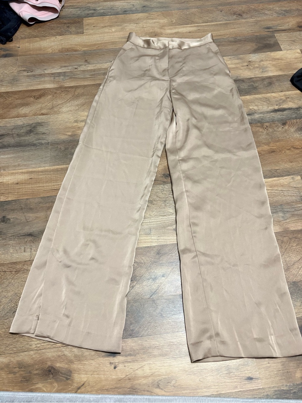 H&M Beige Satin Wide Leg Trousers Size 4 High Rise Dress Pants